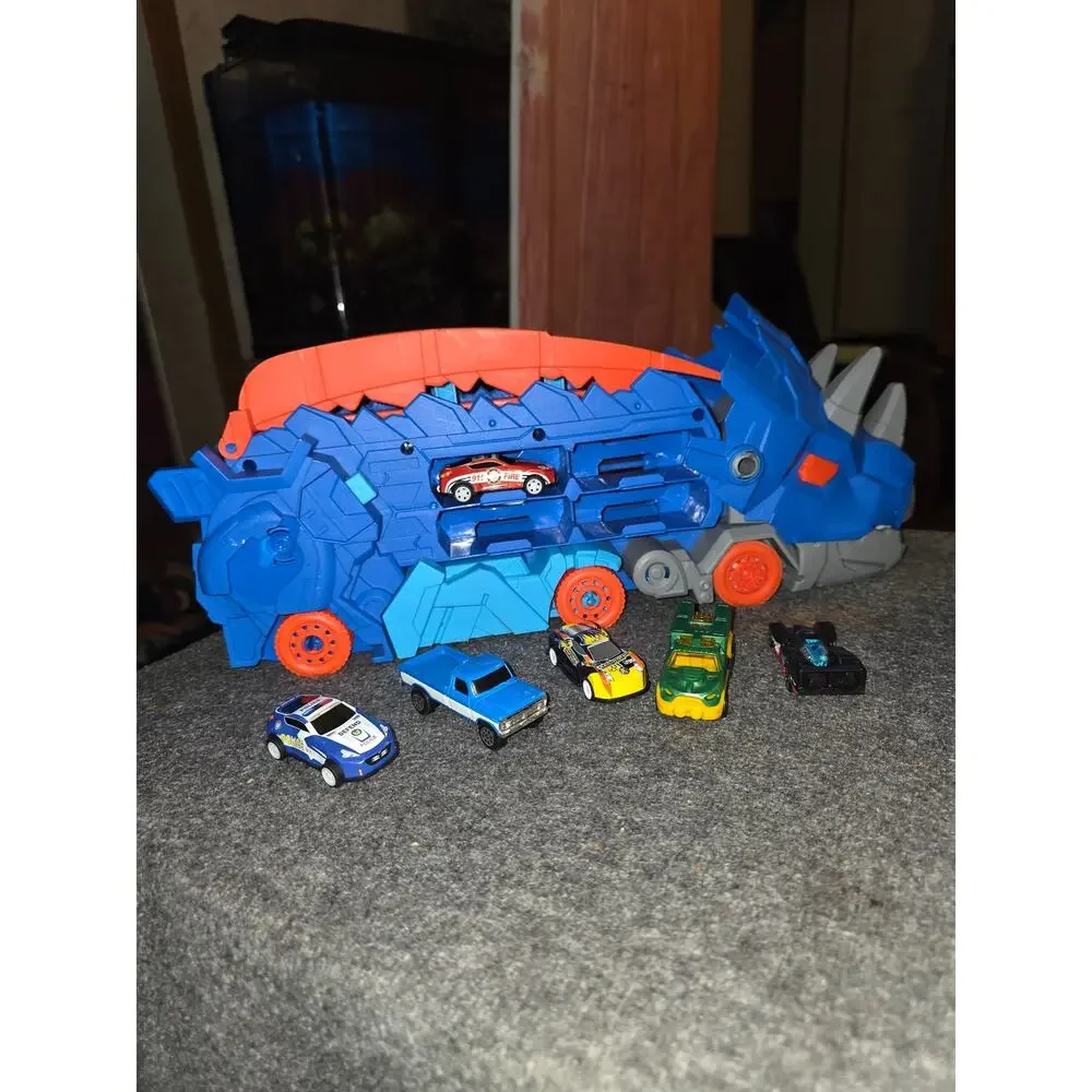 Dinosaur Car Hauler Truck & Folding Race Track with 6 Toy Cars Lot